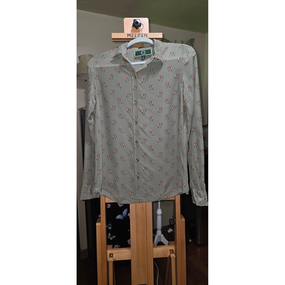 C. Wonder Womens 100% Silk Camel Print Button Down Shirt Sage Green Small